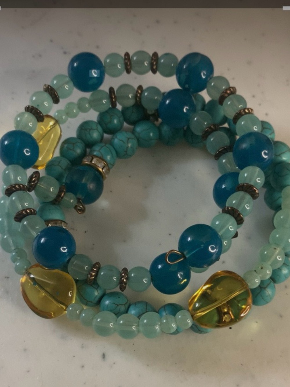 Blue Turquoise Coil Beaded Bracelet with Amber Accents